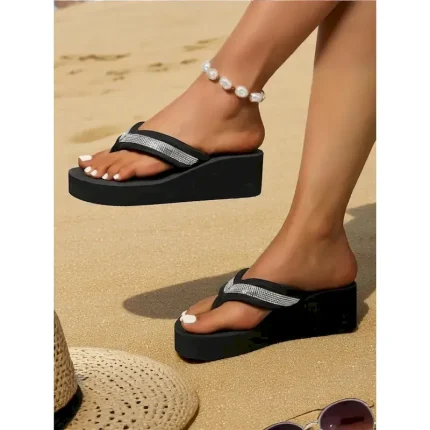 Women's Platform Flip-Flop Sandals with Rhinestone Straps – Comfy Beach Thong Sandals for Vacation & Summer Wear 2025 - Image 5