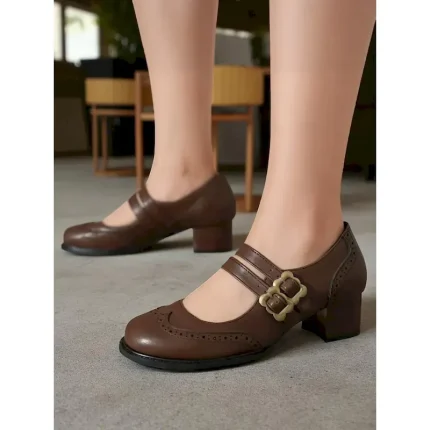 Women's Brown Faux Leather Mary Jane Pumps –1950s  Vintage Double Strap Buckle Low Heel Shoes for Daily Wear or Office Outfits 2025 - Image 3