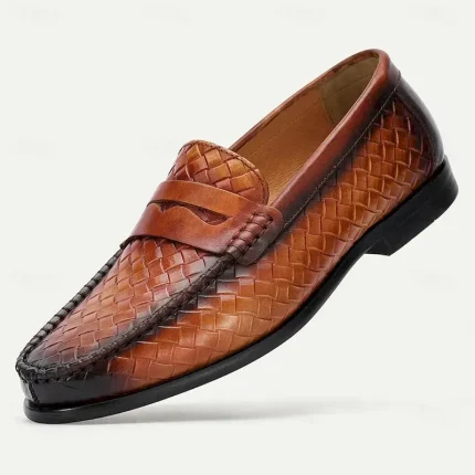 Men's Premium Cowhide Leather Woven Loafers with Stylish Accent – Comfortable Formal Footwear for Business and Special Occasions 2025 - Image 2