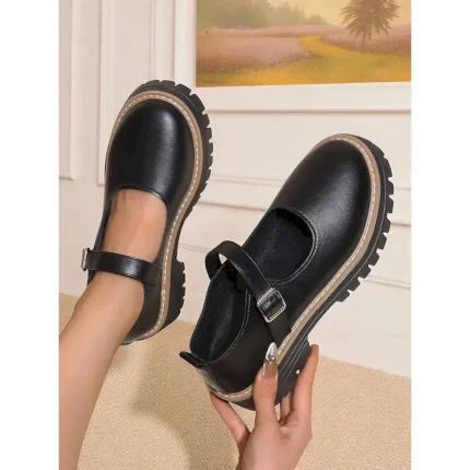 Women's Black Chunky Mary Jane Flats with Buckle Strap - Faux Leather Platform Shoes for Teens and Ladies, Ideal for School, Streetwear, and Autumn Ou