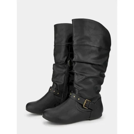 Women's Black Faux Leather Knee-High Slouch Boots – Side Zip and Buckle Strap Detail, Riding & Fall Fashion 2025 - Image 3