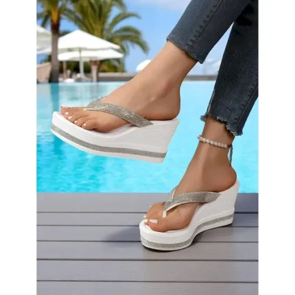 Women's Rhinestone Platform Flip Flop Sandals – Glitter Wedge Beach Shoes for Summer Vacation, Poolside, and Casual Outings 2025 - Image 6