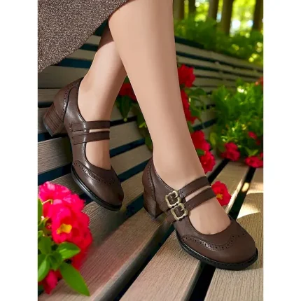 Women's Brown Faux Leather Mary Jane Pumps –1950s  Vintage Double Strap Buckle Low Heel Shoes for Daily Wear or Office Outfits 2025 - Image 5