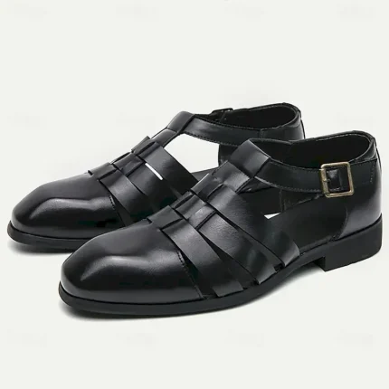 Men's Black Leather Fisherman Sandals - Stylish Buckle Strap Closed-Toe Shoes for Formal and Casual Wear 2025 - Image 3