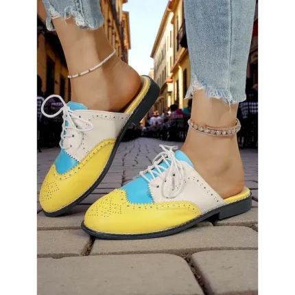 Women's 1950s Vintage Colorblock Wingtip Mule Oxford Shoes - Yellow Blue Slip-On Lace-Up Flats for Casual Street Style, Outings and Weekend Travel 202 - Image 4