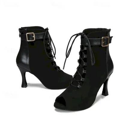 Women's Dance Boots Professional Ballroom Dance Fashion Boots Fur Lined Lace Up Party / Evening Stylish Lace-up Splicing Vintage Cuban Heel Peep Toe Z - Image 6