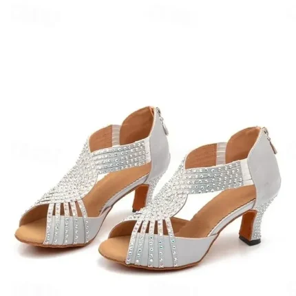 Women's Silver Rhinestone Latin Dance Sandals with Strappy Design, Soft Suede Sole and Mid Heels for Ballroom and Performance 2025 - Image 3