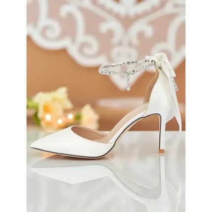 Women's Ivory Satin Pointed Toe Stiletto Heels with Bow and Rhinestone Ankle Strap - Elegant Wedding and Formal Occasion Shoes 2025 - Image 4
