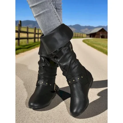 Women's Black Faux Leather Knee-High Slouch Boots – Side Zip and Buckle Strap Detail, Riding & Fall Fashion 2025 - Image 5