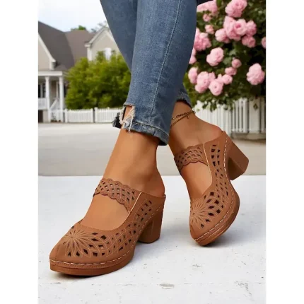Women's Slip-On Hollow Out Chunky Heel Mules – Faux Leather Vintage Sandals, Perfect for Casual Strolls, Backyard Brunch, Outdoor Art Fair and Spring - Image 6