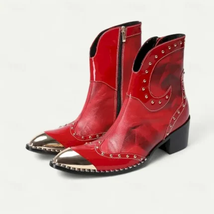 Men's Red Western Chelsea Boots – Genuine Cowhide Leather Ankle Boots with Studded Trim Side Zipper and Metallic Toe Cap for Dance Events Evening Rece - Image 3