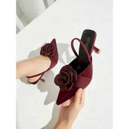 Women's Burgundy Satin Slingback Heels with 3D Rose Detail - Elegant Pointed Toe Stiletto Pumps for Cocktail Parties and Formal Events 2025 - Image 5