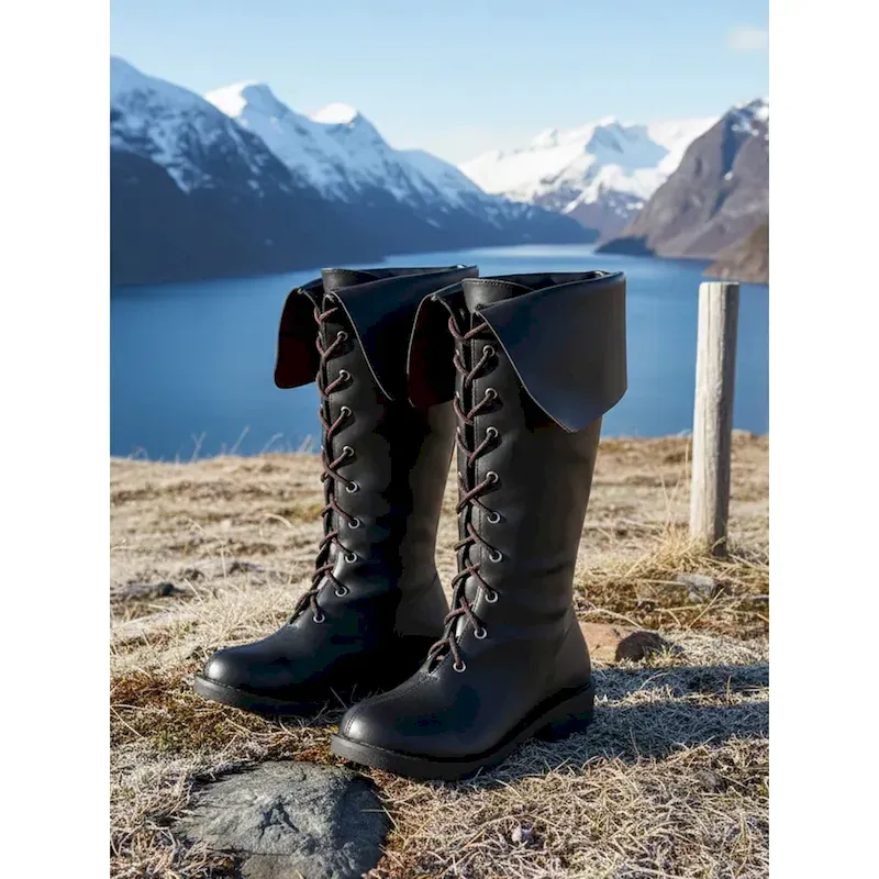 ggnqrs1761036470107.webp Women's Brown Faux Leather Cuff & Lace-Up Medieval Boots - Historical Viking Pirate Costume Footwear for Cosplay & Renaissance Fairs 2025 - Image 1