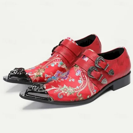 Men's Premium Cowhide Leather Punk Style Monk Strap Shoes - Red Floral Embroidered Double Buckle Slip-On with Metal Toe Cap 2025 - Image 3