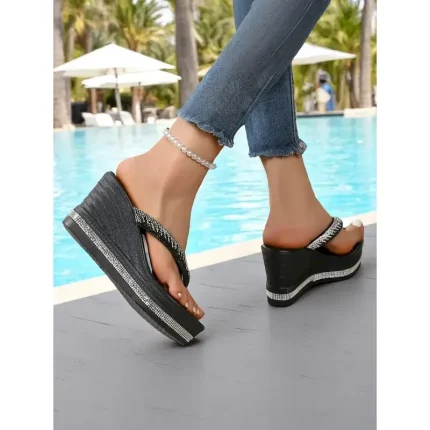 Women's Rhinestone Platform Flip Flop Sandals – Glitter Wedge Beach Shoes for Summer Vacation, Poolside, and Casual Outings 2025 - Image 4