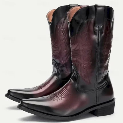 Men's Black and Burgundy Faux Leather Cowboy Boots with Embroidered Design - Classic Western Boots for Rodeo and Outdoor Wear 2025 - Image 4