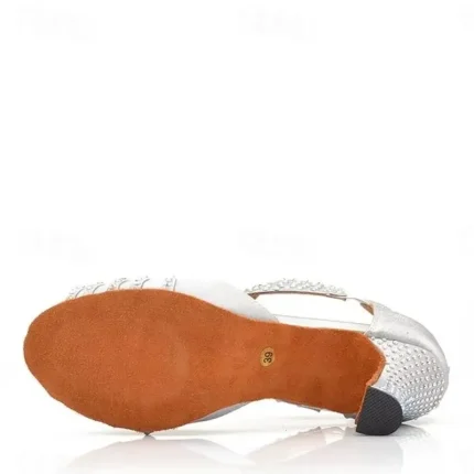 Women's Silver Rhinestone Latin Dance Sandals with Strappy Design, Soft Suede Sole and Mid Heels for Ballroom and Performance 2025 - Image 5