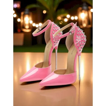 Women's Pink Patent Leather Ankle Strap Stiletto Heels with Studded Back - Sexy Pole Dance Shoes for Nightlife Party 2025 - Image 4