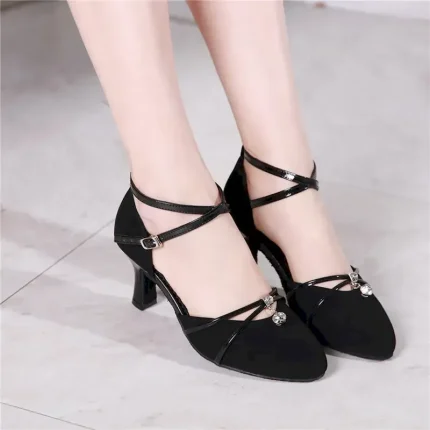 Women's Black Dance Shoes with Ankle Strap and Rhinestone Accent, Closed-Toe Ballroom Heels for Latin and Salsa Dancing 2025 - Image 6