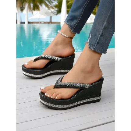 Women's Rhinestone Platform Flip Flop Sandals – Glitter Wedge Beach Shoes for Summer Vacation, Poolside, and Casual Outings 2025 - Image 3