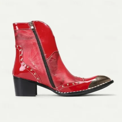 Men's Red Western Chelsea Boots – Genuine Cowhide Leather Ankle Boots with Studded Trim Side Zipper and Metallic Toe Cap for Dance Events Evening Rece - Image 5