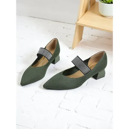 Women's Army Green Knit Block Heel Pumps with Rhinestone Elastic Strap, Stylish Comfortable Office Shoes for Teachers, Receptionists and Daily Workwea - Image 4