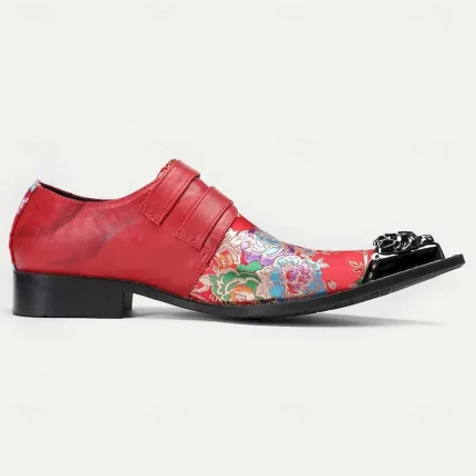 Men's Premium Cowhide Leather Punk Style Monk Strap Shoes - Red Floral Embroidered Double Buckle Slip-On with Metal Toe Cap 2025 - Image 5