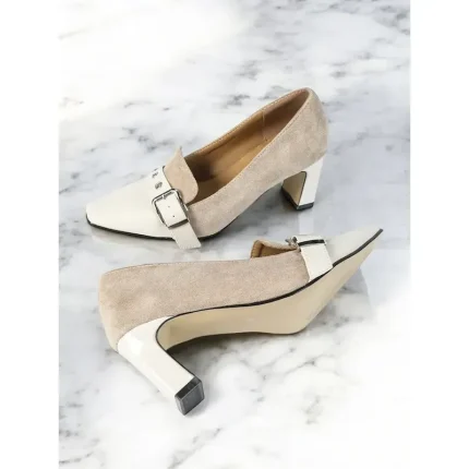 Women's Two-Tone Suede & Patent Leather Block Heel Pumps - Chic Business & Party Shoes with Buckle Detail 2025 - Image 5