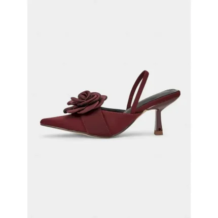 Women's Burgundy Satin Slingback Heels with 3D Rose Detail - Elegant Pointed Toe Stiletto Pumps for Cocktail Parties and Formal Events 2025 - Image 6
