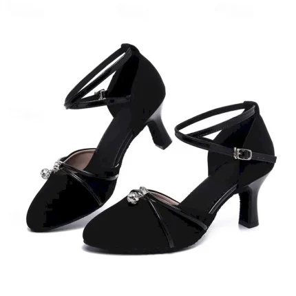 Women's Black Dance Shoes with Ankle Strap and Rhinestone Accent, Closed-Toe Ballroom Heels for Latin and Salsa Dancing 2025 - Image 4