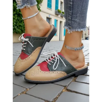 Women's 1950s Vintage Colorblock Wingtip Mule Oxford Shoes - Yellow Blue Slip-On Lace-Up Flats for Casual Street Style, Outings and Weekend Travel 202