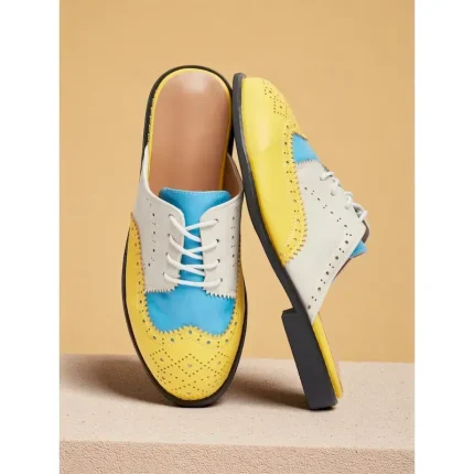 Women's 1950s Vintage Colorblock Wingtip Mule Oxford Shoes - Yellow Blue Slip-On Lace-Up Flats for Casual Street Style, Outings and Weekend Travel 202 - Image 3