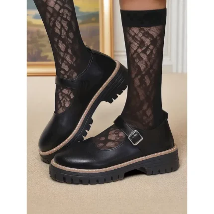 Women's Black Chunky Mary Jane Flats with Buckle Strap - Faux Leather Platform Shoes for Teens and Ladies, Ideal for School, Streetwear, and Autumn Ou - Image 4