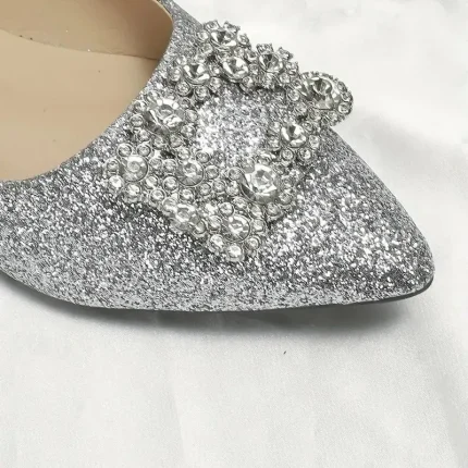 Women's Silver Glitter Flats with Rhinestone Embellished Buckle – Elegant Pointed Toe Shoes for Wedding, Parties and Special Occasions 2025 - Image 3