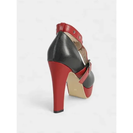 Women's Black and Red Faux Leather Platform Heels – Crisscross Strap Buckle Pumps with Stud Details, 1980s Retro Rock Style High Heel Shoes for Fashio - Image 6