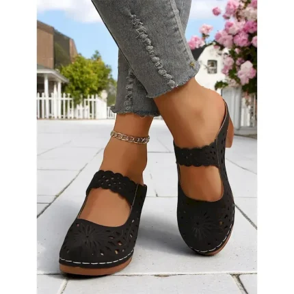 Women's Slip-On Hollow Out Chunky Heel Mules – Faux Leather Vintage Sandals, Perfect for Casual Strolls, Backyard Brunch, Outdoor Art Fair and Spring - Image 4