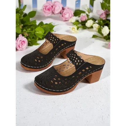 Women's Slip-On Hollow Out Chunky Heel Mules – Faux Leather Vintage Sandals, Perfect for Casual Strolls, Backyard Brunch, Outdoor Art Fair and Spring - Image 5