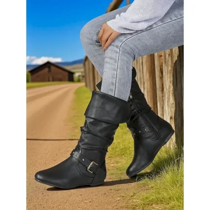 Women's Black Faux Leather Knee-High Slouch Boots – Side Zip and Buckle Strap Detail, Riding & Fall Fashion 2025 - Image 4