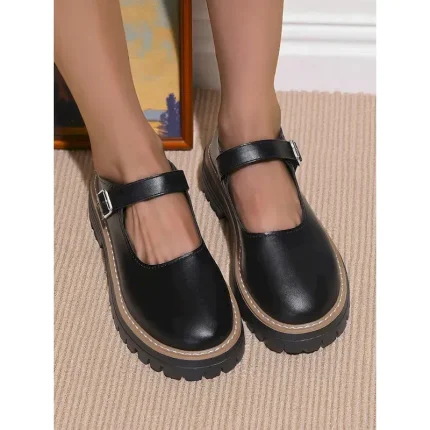 Women's Black Chunky Mary Jane Flats with Buckle Strap - Faux Leather Platform Shoes for Teens and Ladies, Ideal for School, Streetwear, and Autumn Ou - Image 2