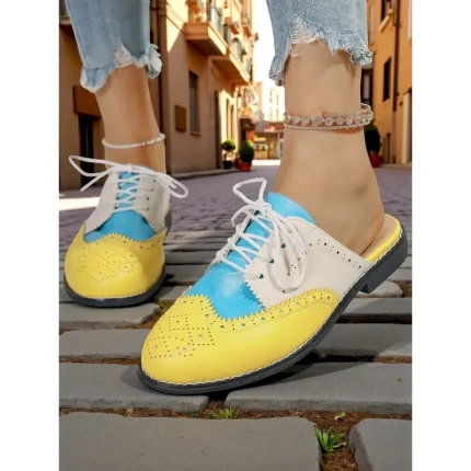 Women's 1950s Vintage Colorblock Wingtip Mule Oxford Shoes - Yellow Blue Slip-On Lace-Up Flats for Casual Street Style, Outings and Weekend Travel 202 - Image 5