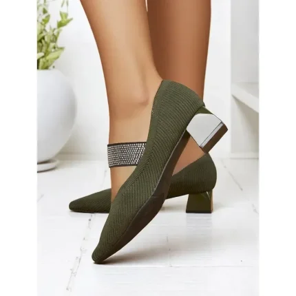 Women's Army Green Knit Block Heel Pumps with Rhinestone Elastic Strap, Stylish Comfortable Office Shoes for Teachers, Receptionists and Daily Workwea - Image 6