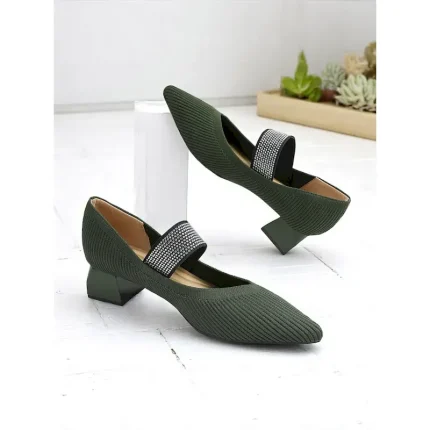 Women's Army Green Knit Block Heel Pumps with Rhinestone Elastic Strap, Stylish Comfortable Office Shoes for Teachers, Receptionists and Daily Workwea - Image 5