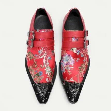 Men's Premium Cowhide Leather Punk Style Monk Strap Shoes - Red Floral Embroidered Double Buckle Slip-On with Metal Toe Cap 2025 - Image 4