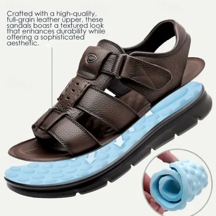 Men's Sandals Sporty Sandals Casual Italian Full-Grain Cowhide Breathable Comfortable Slip Resistant Magic Tape Loafer Black Coffee 2025 - Image 6