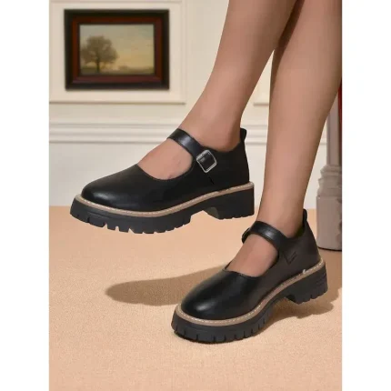 Women's Black Chunky Mary Jane Flats with Buckle Strap - Faux Leather Platform Shoes for Teens and Ladies, Ideal for School, Streetwear, and Autumn Ou - Image 3