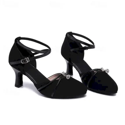 Women's Black Dance Shoes with Ankle Strap and Rhinestone Accent, Closed-Toe Ballroom Heels for Latin and Salsa Dancing 2025 - Image 3