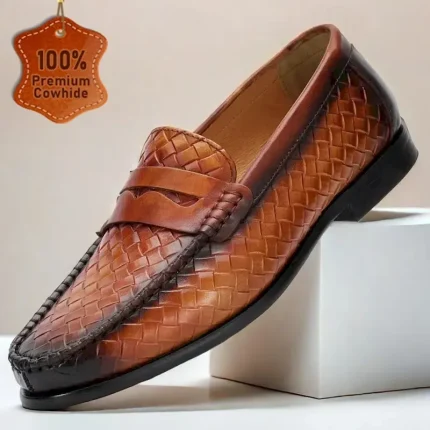 Men's Premium Cowhide Leather Woven Loafers with Stylish Accent – Comfortable Formal Footwear for Business and Special Occasions 2025 - Image 3