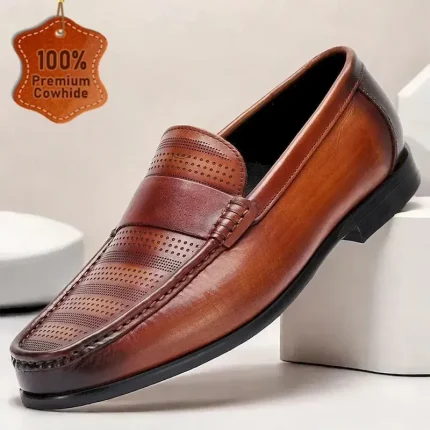 Men's Premium Cowhide Leather Loafers – Perforated Design Slip-On Dress Shoes for Business and Formal Occasions 2025 - Image 3