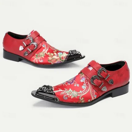 Men's Premium Cowhide Leather Punk Style Monk Strap Shoes - Red Floral Embroidered Double Buckle Slip-On with Metal Toe Cap 2025 - Image 6