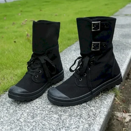 Men's Green Canvas Combat Boots with Buckle and Lace-Up Closure – Durable Outdoor Hiking and Military Style Boots 2025 - Image 3